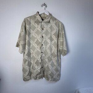 Tommy Bahama Mens Beige Button-Up Shirt 100% Silk Short Sleeve Leaf Print Large